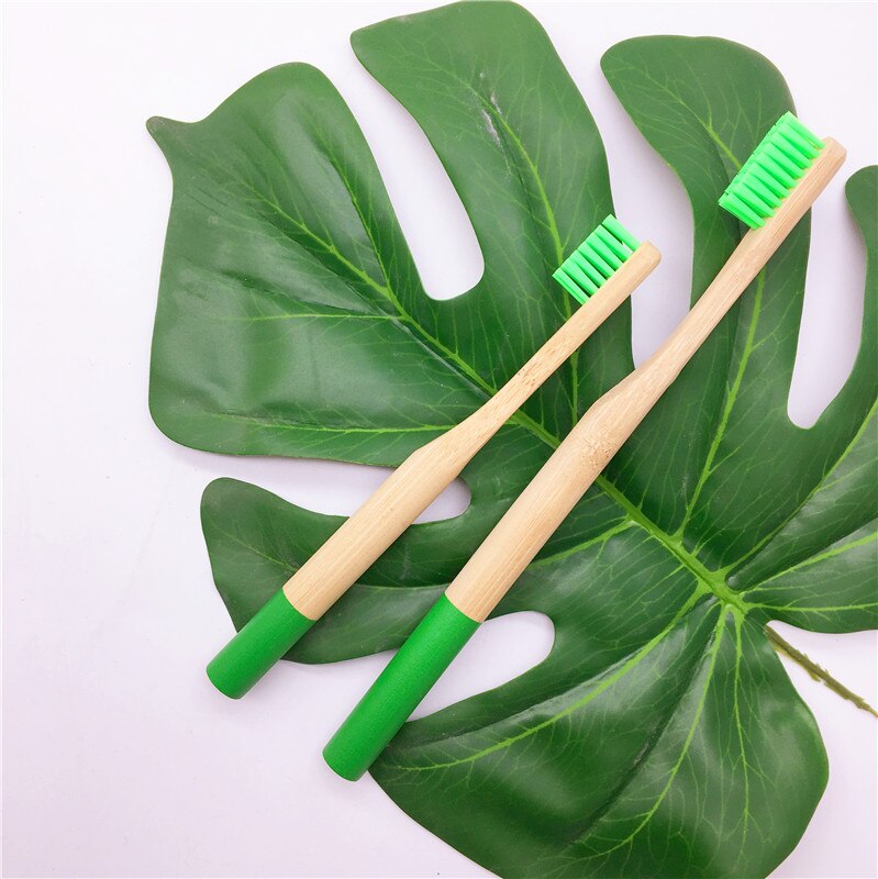 Round handle bamboo toothbrush color bristles set for adults and children: Green-2pc