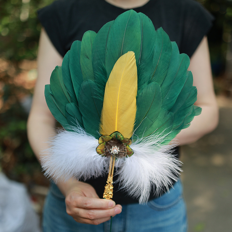 Beautiful Handmade Feather Fan Cheongsam Stage Performance Photography Props Wedding Dance Party Handheld Fan Decoration: Burgundy