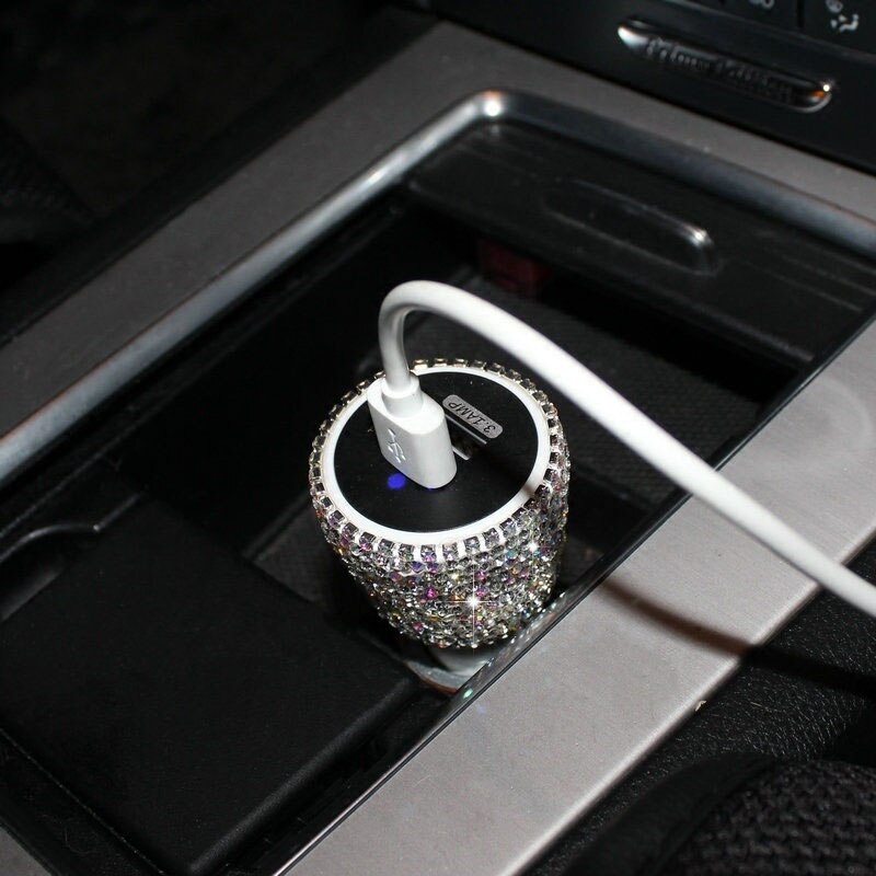 Crystal Rhinestones Dual Usb Snel Opladen Auto Oplader Voor Mobiele Telefoon Ipad Draaien Snel Opladen Adapter Zilver