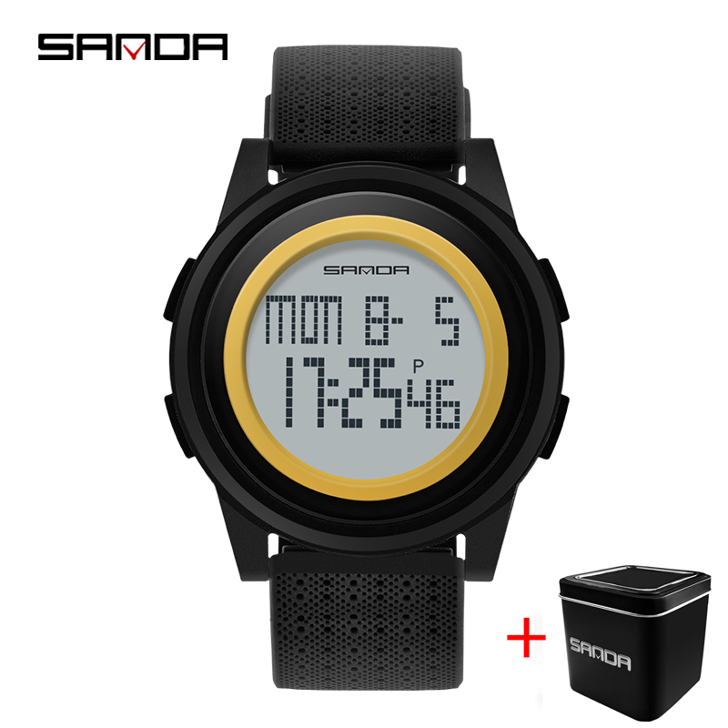 Sanda 2022 outdoor sport horloge heren multifunctioneel horloge wekker chrono 3 bar waterdicht digitaal horloge reloj hombre: Zwarte gouden doos