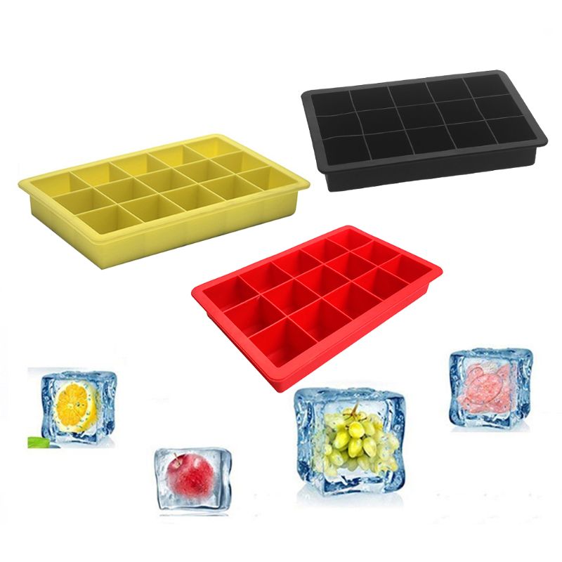 3 Pieces Silicone Ice Cube Mold Square Ice Cube Tray with 15 Grids for Chill Drinks Whiskey Cocktail Jelly Pudding，The silicone