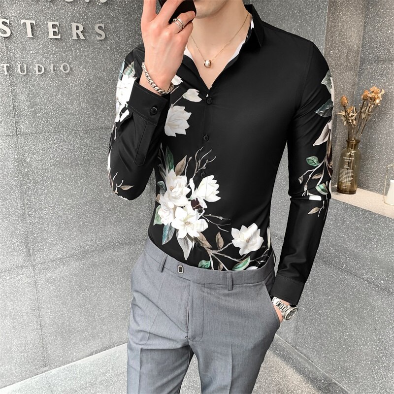 Autumn Winter Shirt Men Korean Slim Fit Floral Shirts for Men Clothing All Match Long Sleeve Men Casual Shirts Club Tuxedo
