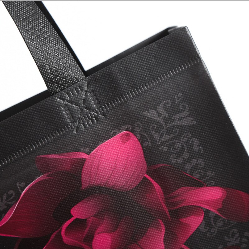 Moda flor impressão saco de compras preto grande capacidade não tecido portátil bolsa de armazenamento reutilizável dobrável bolsa de ombro