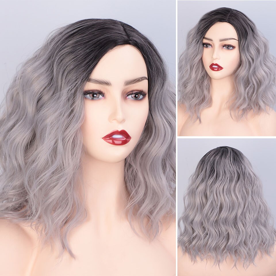 AISI QUEENS Water Wave Short Synthetic Wigs for Women Ombre Black and Purple Cosplay Bob Wig Blue Red Grey Pink Wig: Grey