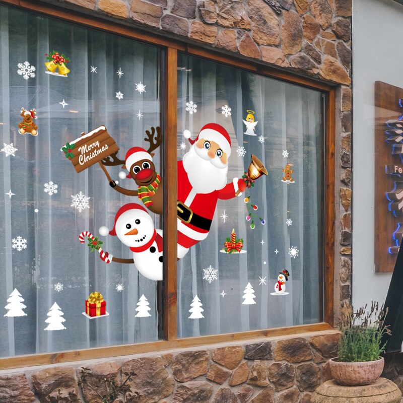 Art 60*90cm Removable DIY Christmas Wall Window Mural Stickers Decals Xmas Merry Santa Snowflakes Wallpaper Home Decorations
