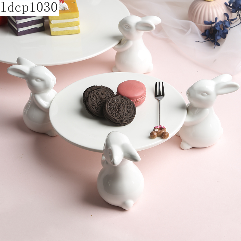 White Porcelain Rabbit Dessert Plate Household Fruit Cake Plate Banquet Tabletop Ceramic Display Plates Cute Animal Rabbit Tray
