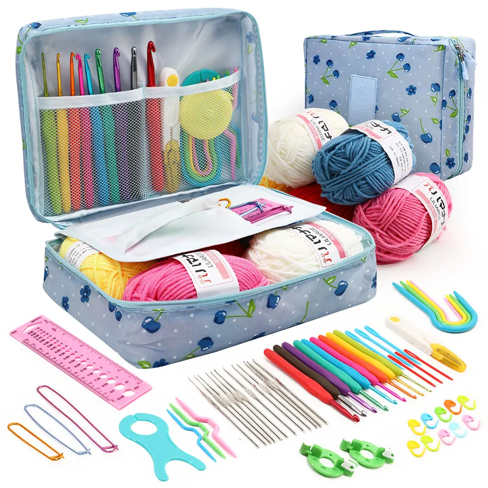 KOVEEN 59 pièces/ensemble ensemble de tricot au Crochet Portable bricolage débutant Kit de Crochet avec sac de rangement matériel Pack et outils de rangement: Marine