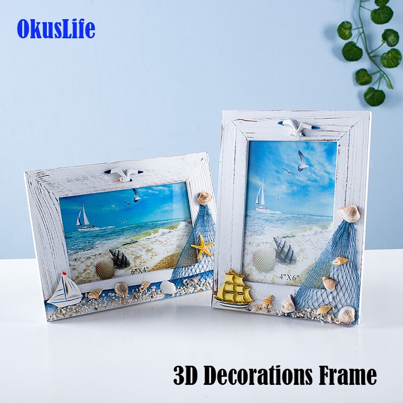 Mediterrane Stijl Oceaan Bureau Houten Zomer Fotolijst Creatieve Babykamer Decoratie 3D Vis Shell Zeester Boot Model 6 Inch