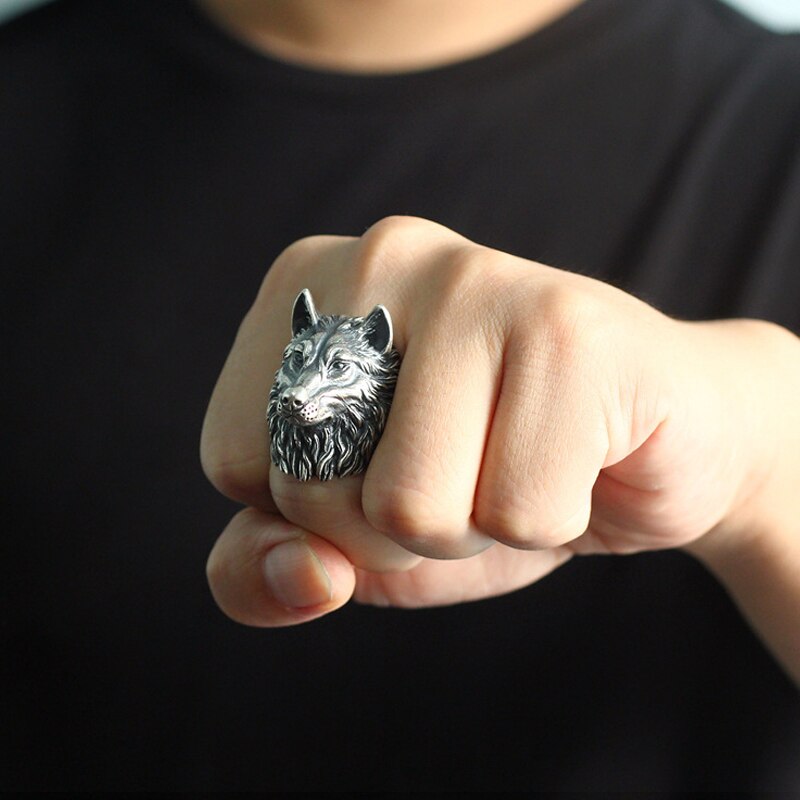 Unik vintage viking nordic wolf head ring mænd sølvfarvet rustfrit stål punk rock biker ring mand viking amulet smykker