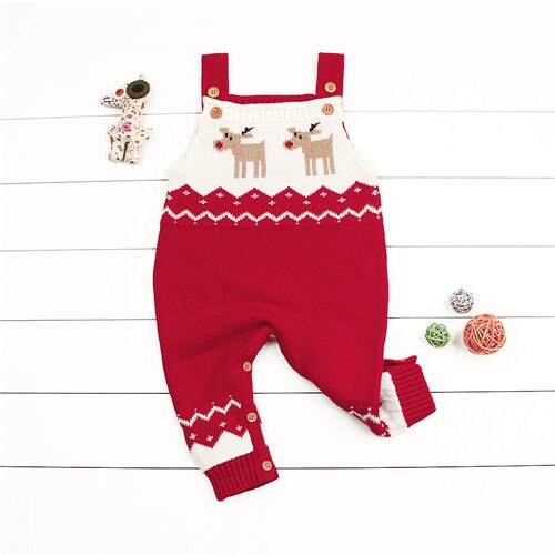 Pelele navideño para bebé, niño y niña, Pelele de manga larga para bebé, Pelele de dibujos animados para primer bebé, ropa de lana de algodón tejida para Navidad: Rojo / 12 meses