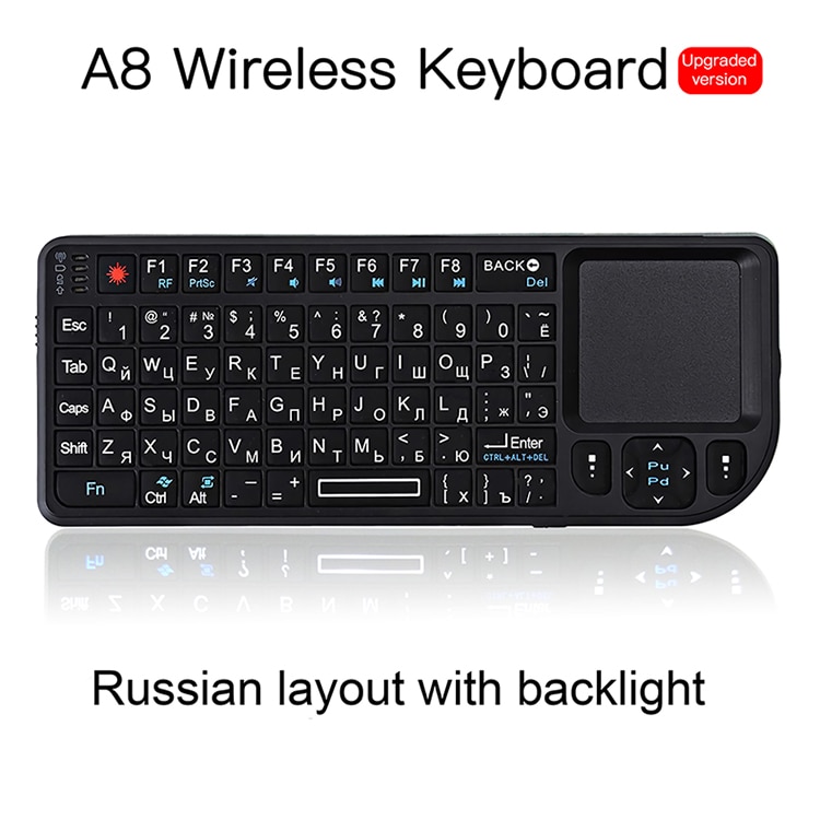 A8 Russisch Spaans Engels Air Fly Muis Witte Kleur Backlit Mini Wireless Keyboard Handheld Touchpad Voor Projector Tv Pc