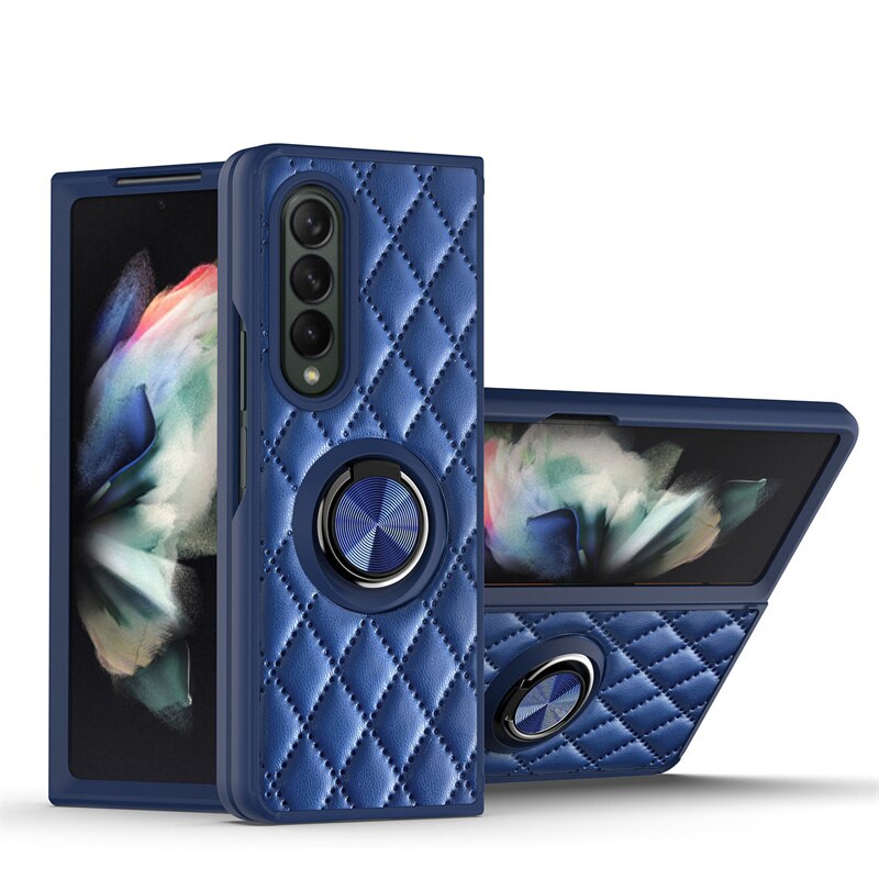 Diamant Telefoon Geval Voor Samsung Galaxy Z Vouw 3 5G Embossing Lederen Ring Met Houder Shockproof Back Cover Voor galaxy Z Vouw 3: Blauw