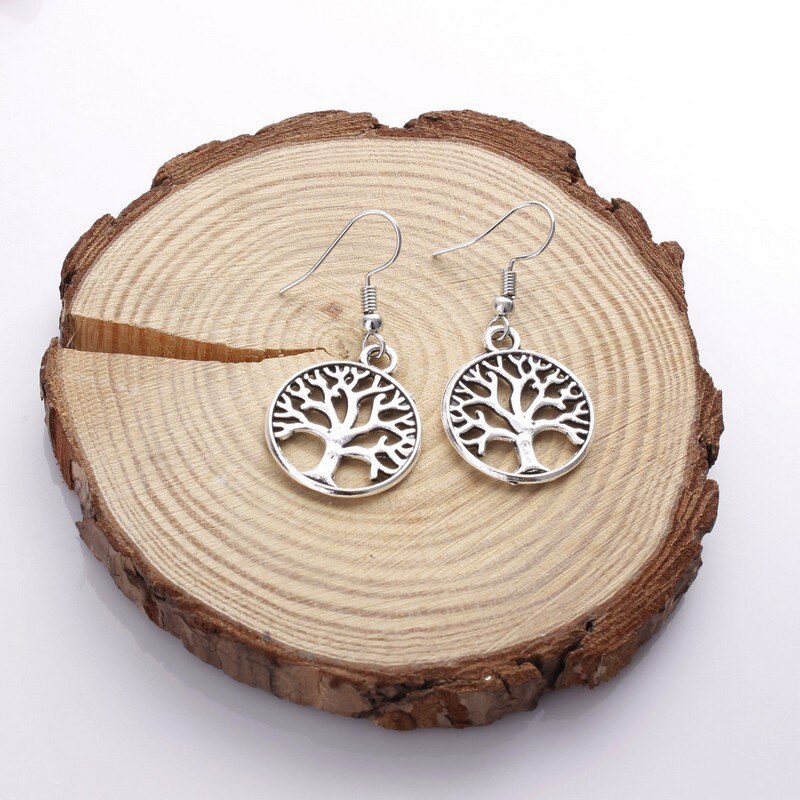 Pendientes colgantes chapados en plata para mujer, aretes redondos con patrón del árbol de la vida, joyería de para mujer