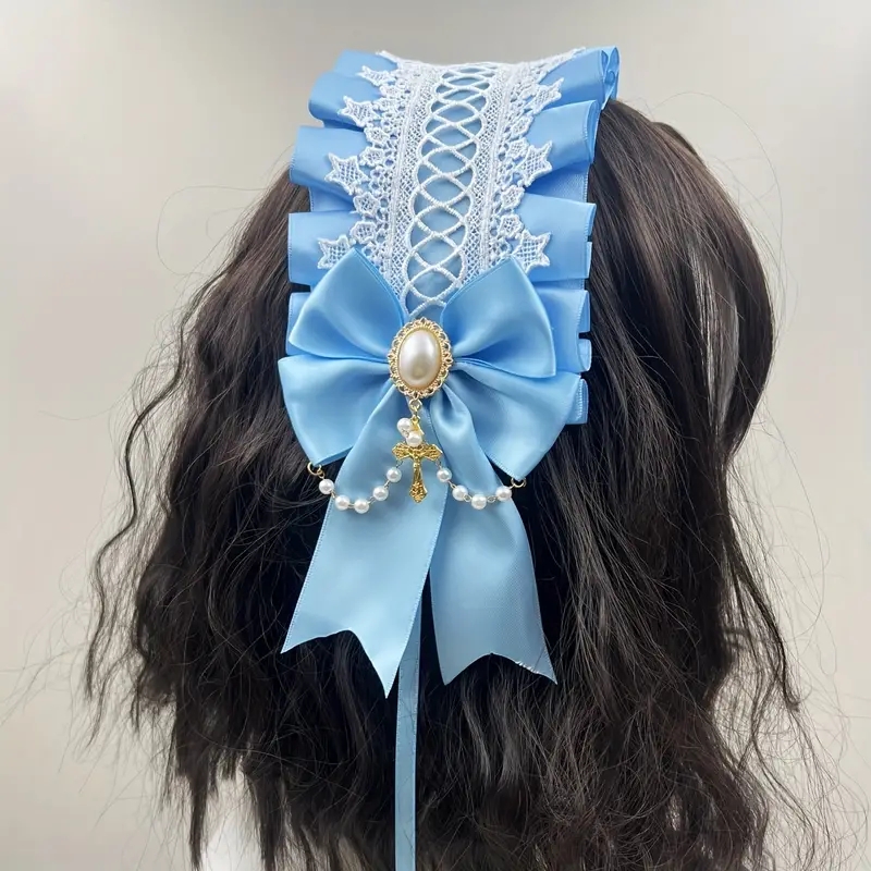 Coiffure gothique Lolita large en dentelle pour femmes, accessoires pour cheveux polyvalents faits à la main, bandeaux de Cosplay mignons, épingle à cheveux douce: Bleu