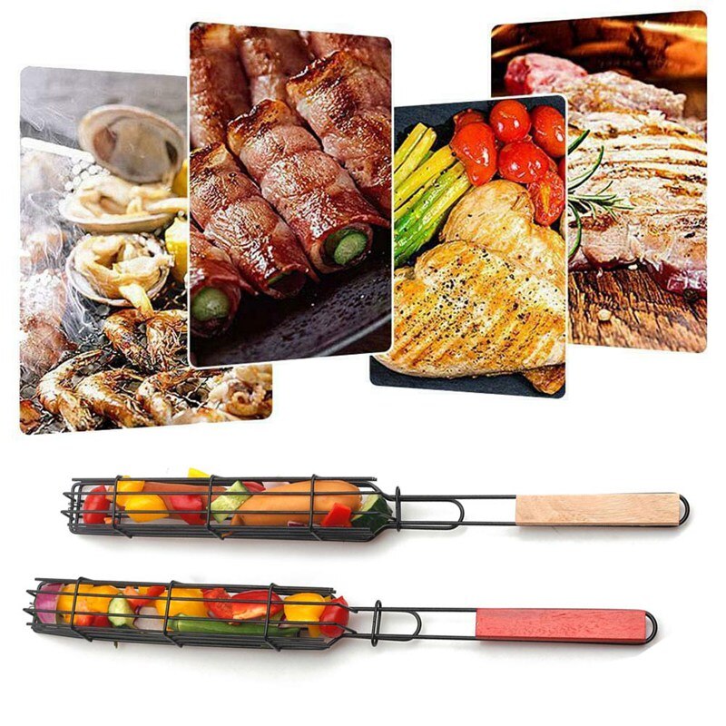 Portable BBQ Grill Basket Handheld Metal Barbecue Tool For sausage Corn sausage With Wood Handle Non-Stick BBQ Holder