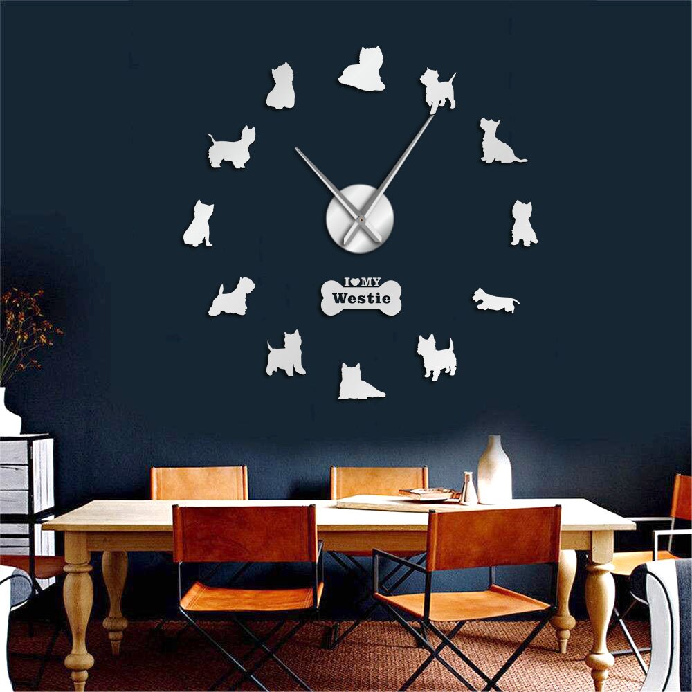 West Highland White Terrier-Reloj de pared gigante, bricolaje, efecto espejo, arte de pared acrílico, perro mascota, amo a mi Westie, reloj de pared de manos largas: Plata