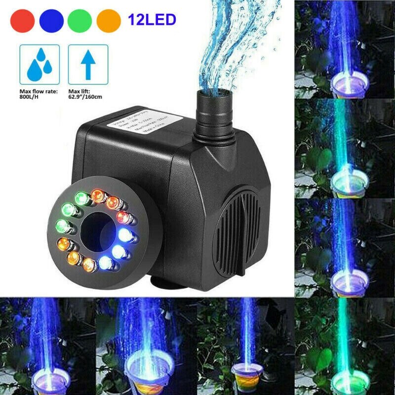 US Plug 15W Ultra-Quiet Water Pump with Power Cord Waterproof Fountain with 12 LED Light for Garden Water Pump Fountain