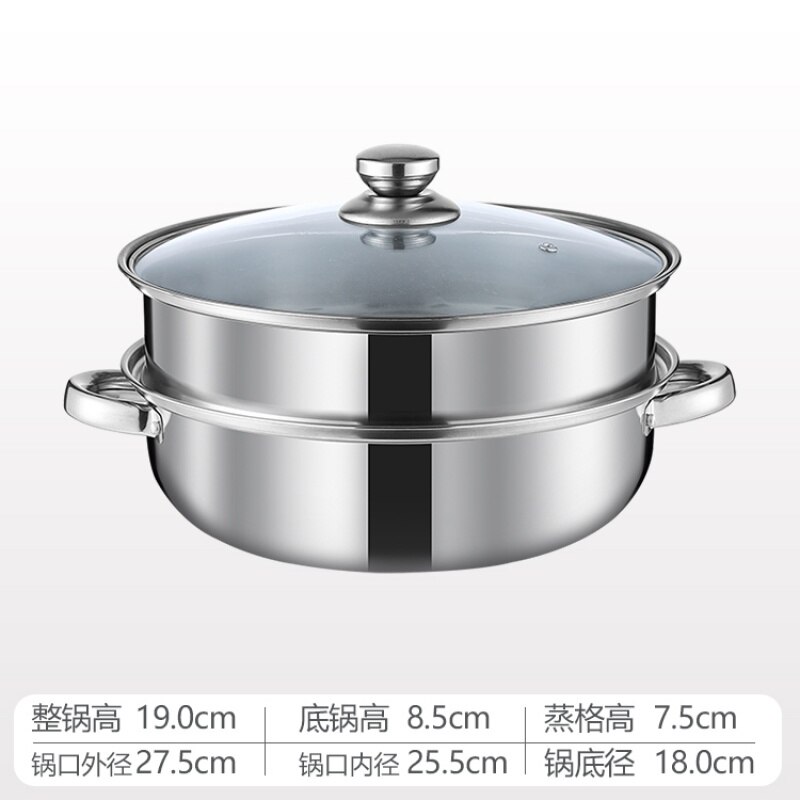 Stainless Steel Steamer Gas Induction Cooker Soup Steamboat Pot 1/2 Toer Steamer Transparent Glass Lid Kitchen Cookware: Double Earless