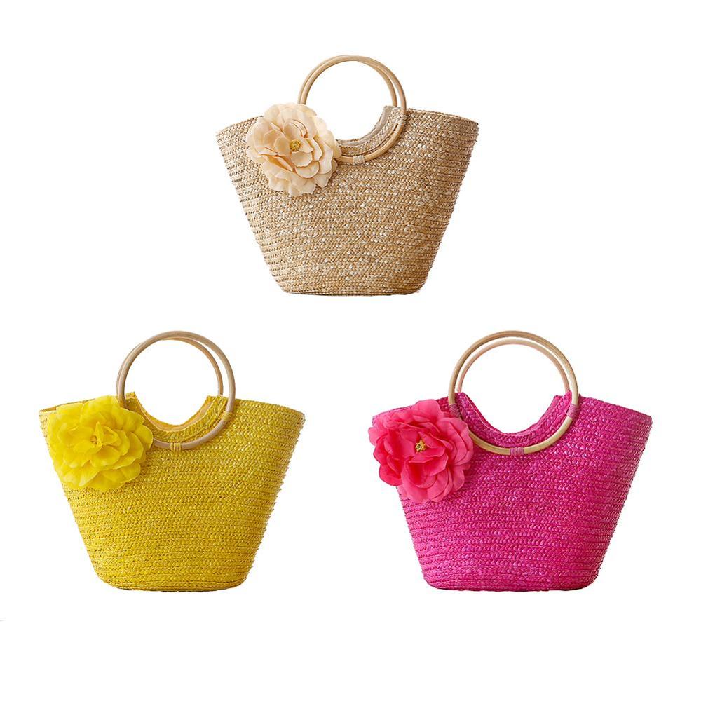 Reine Hand-woven Tasche Mit Blume Rattan Gewebt Griff Lagerung Paket Taschen Natürliche Armbänder Taschen Für Frauen