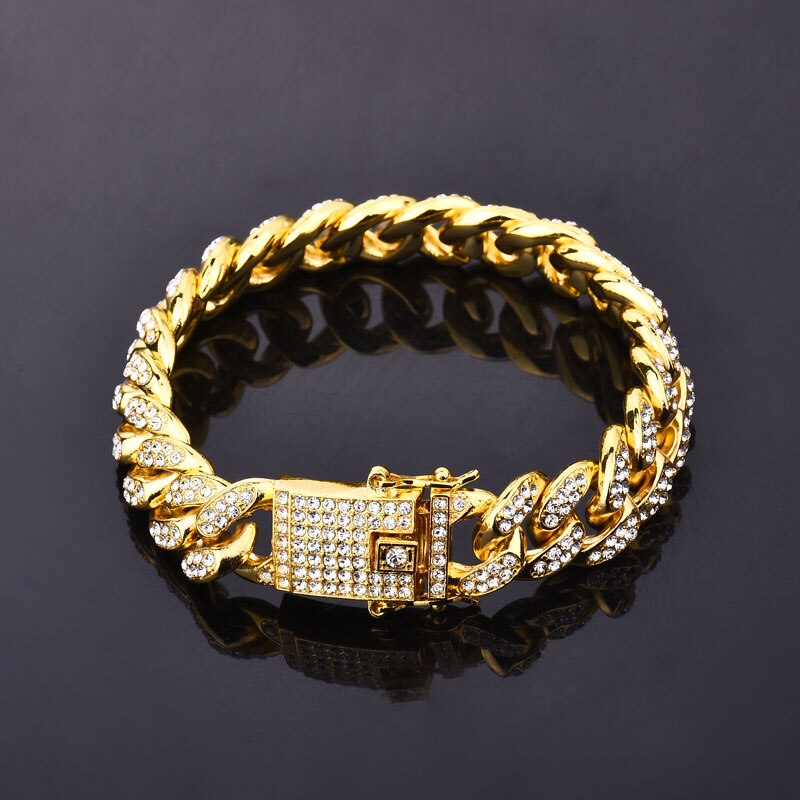 Hip hop-pulsera con diamantes de imitación para hombre, brazalete de 20cm de largo con eslabones cubanos de Miami, joyería: Color dorado