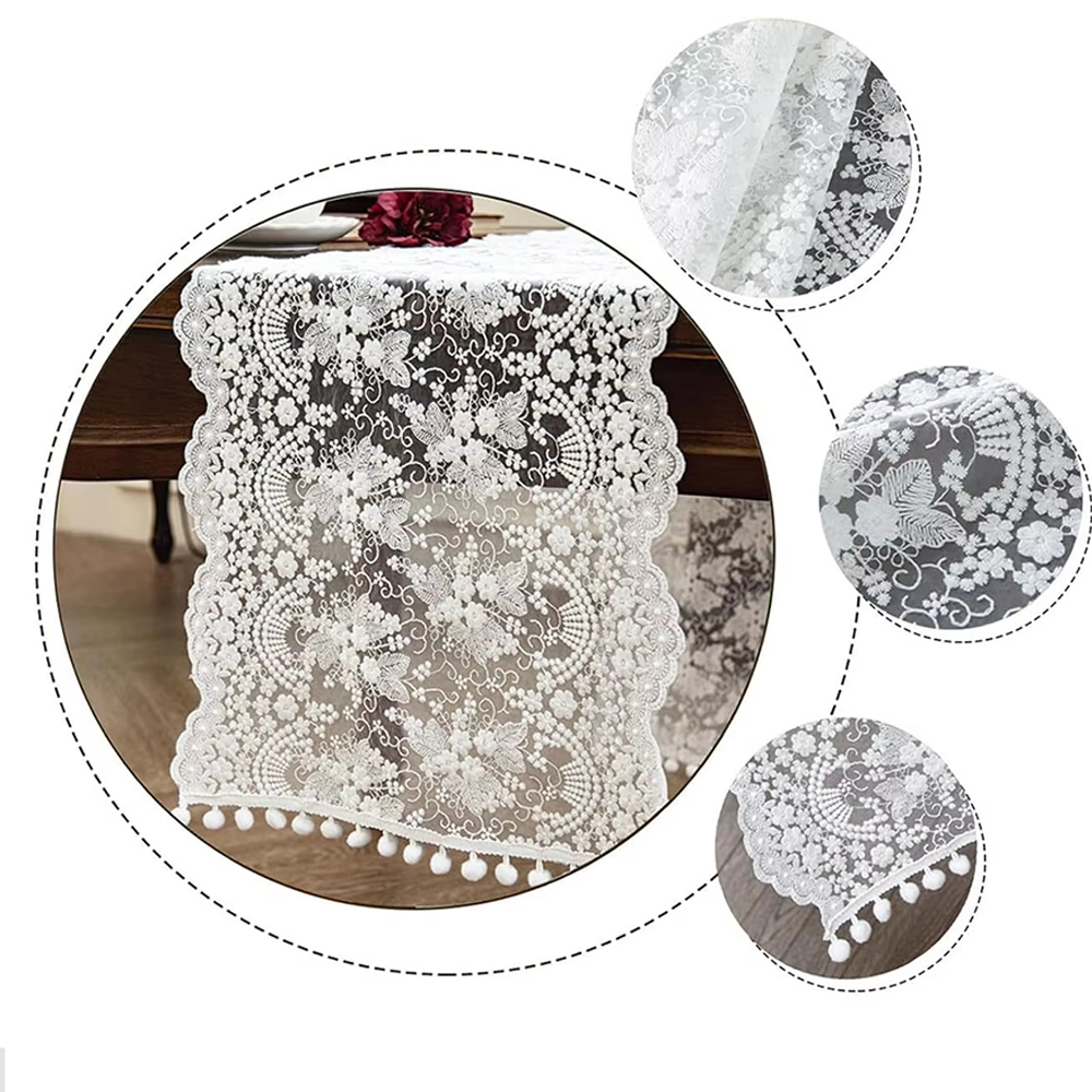 White Lace Table Runner Embroidery Cotton Lace Fabric Table Cover Floral Lace Table Runner Vintage Wedding Tea Party Decor