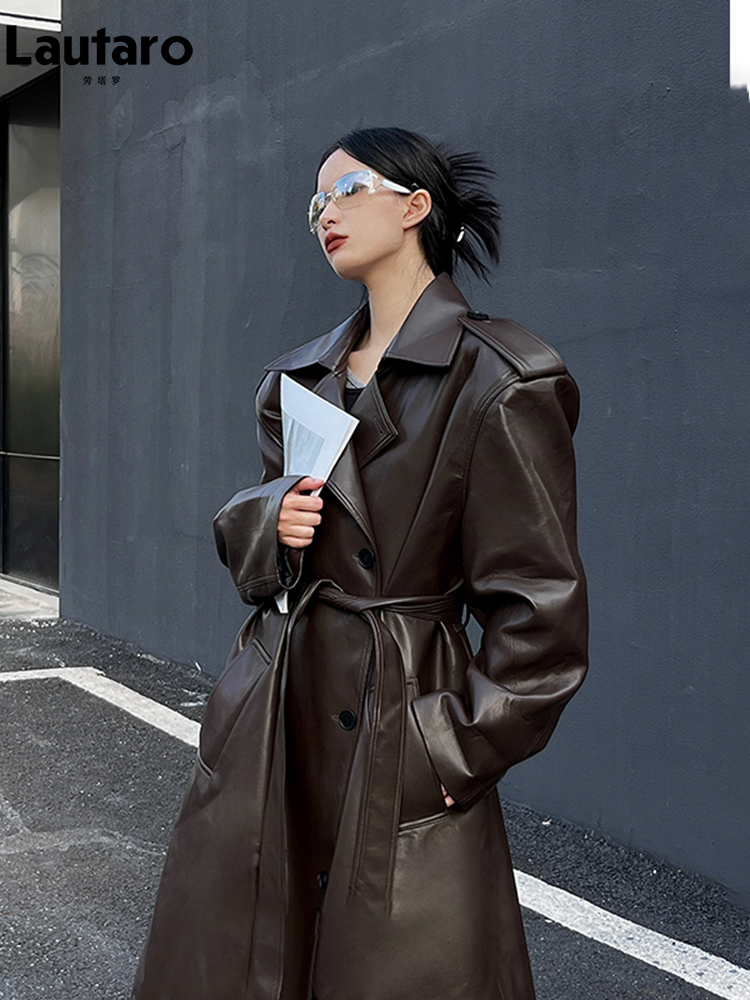 Lautaro-dames lange PU lederen trenchcoat, Europese en Amerikaanse catwalkmode, cool oversized, bruin, zwart, lente, herfst