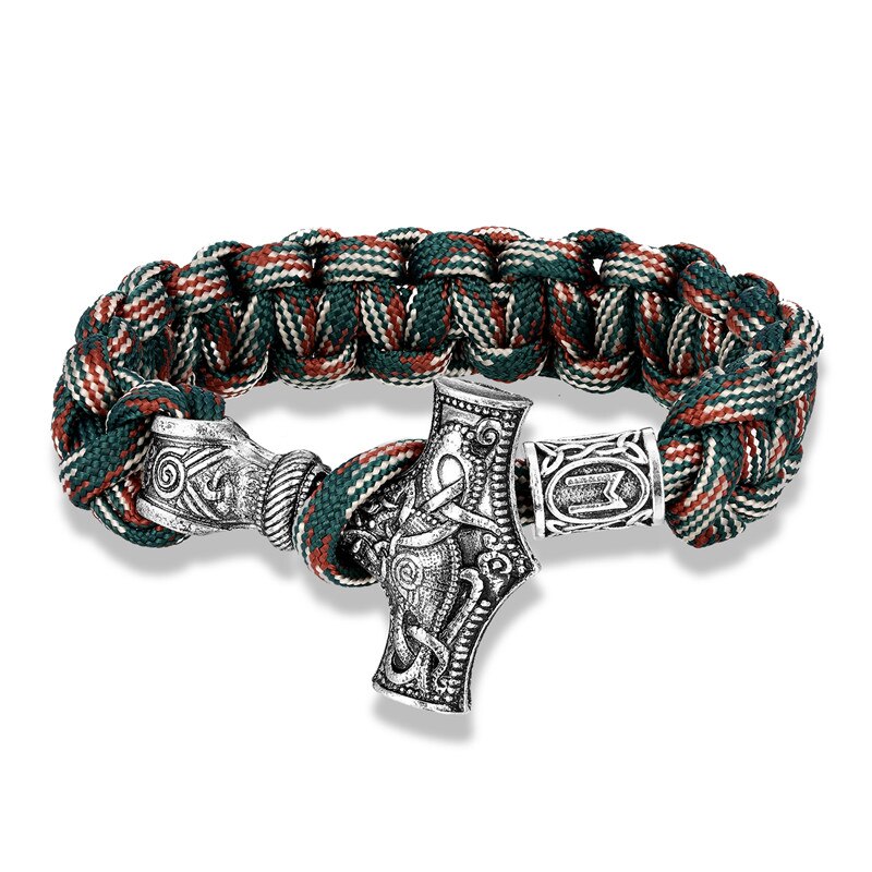 Mkendn pulseira de cordas viking, pulseira de sobrevivência de cordão de metal artesanal, thor mjolnir, cordão de paracord: V079