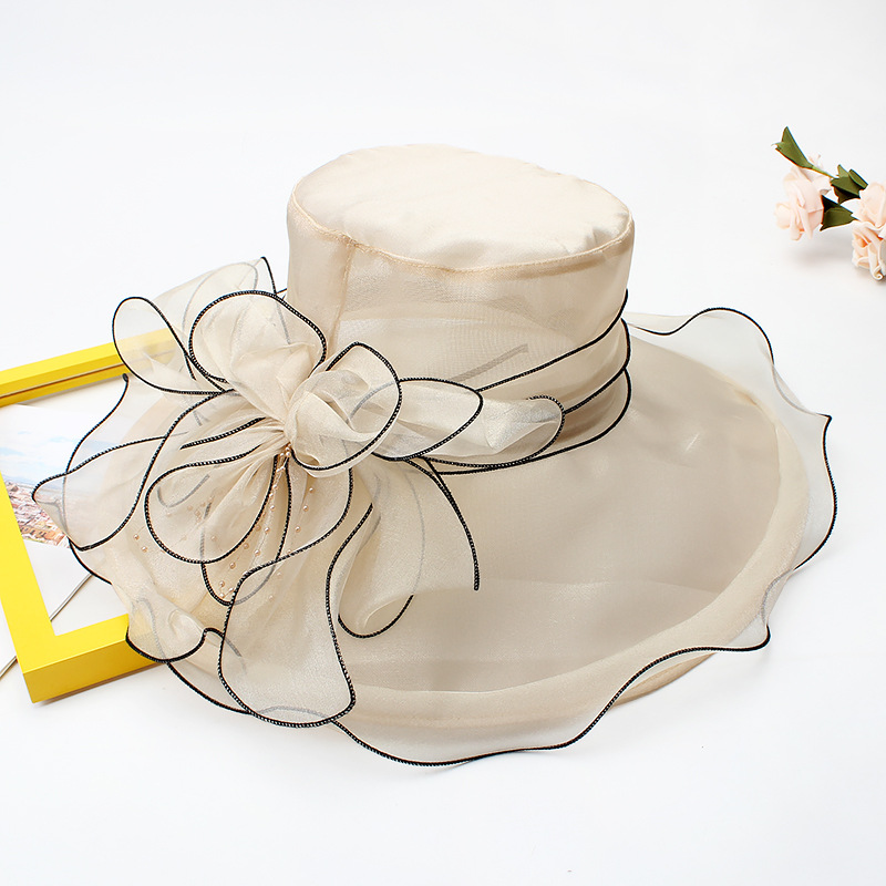 18 Color Ladies Summer Hat White Black Organza Church Fascinator Wedding Tea Party Derby Hats for Women Flower Wide Brim Sun Hat: Gold