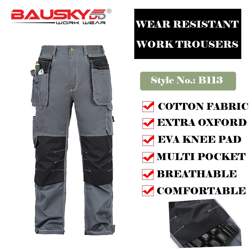 Bauskydd Mens 100% cotton durable grey work pants with eva knee pads workwear trousers carperner men