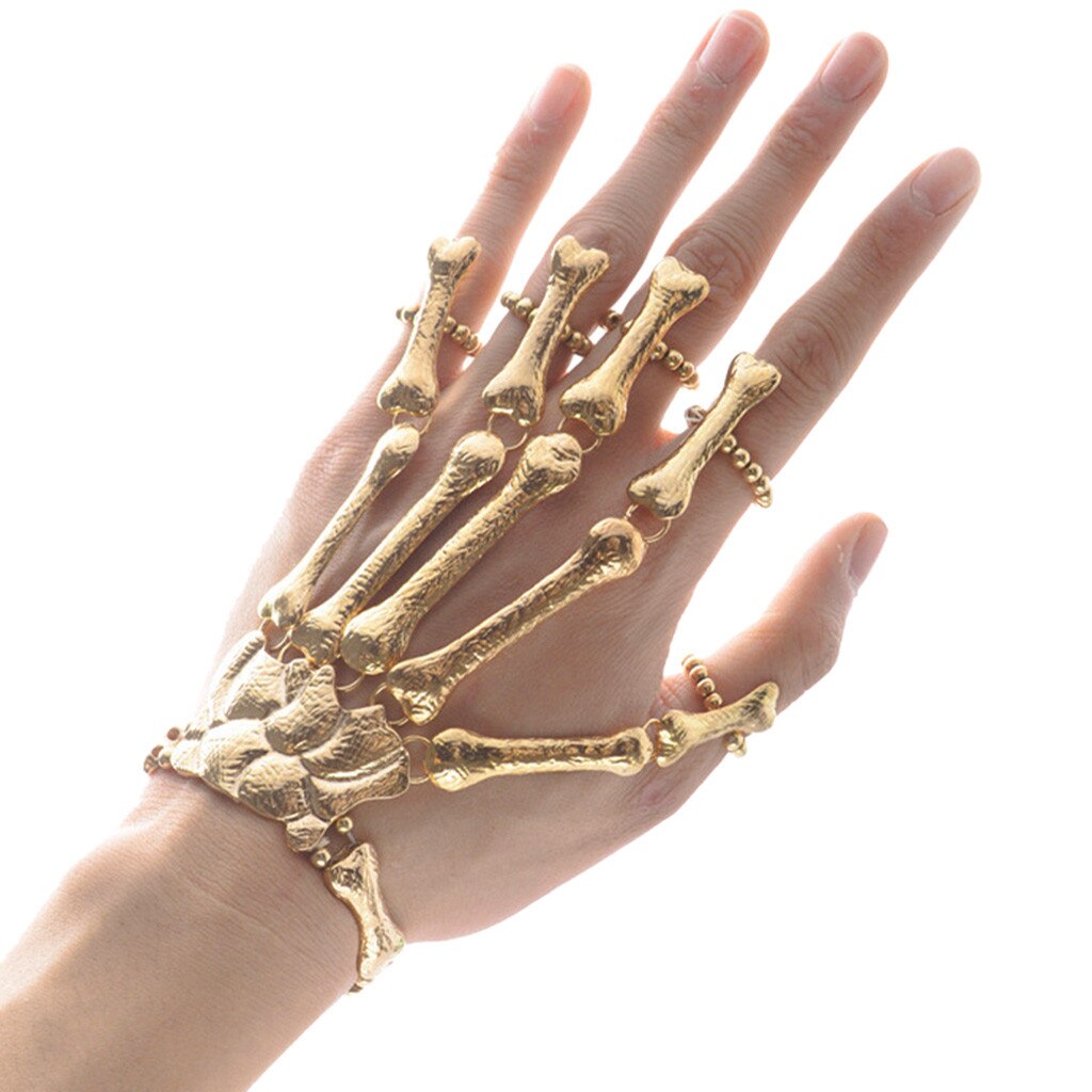 Gratis Struisvogel Zachte Handschoenen Womens Halloween Props Nachtclub Party Punk Vinger Armband Gothic Schedel Handschoen Mode Handschoenen: Goud