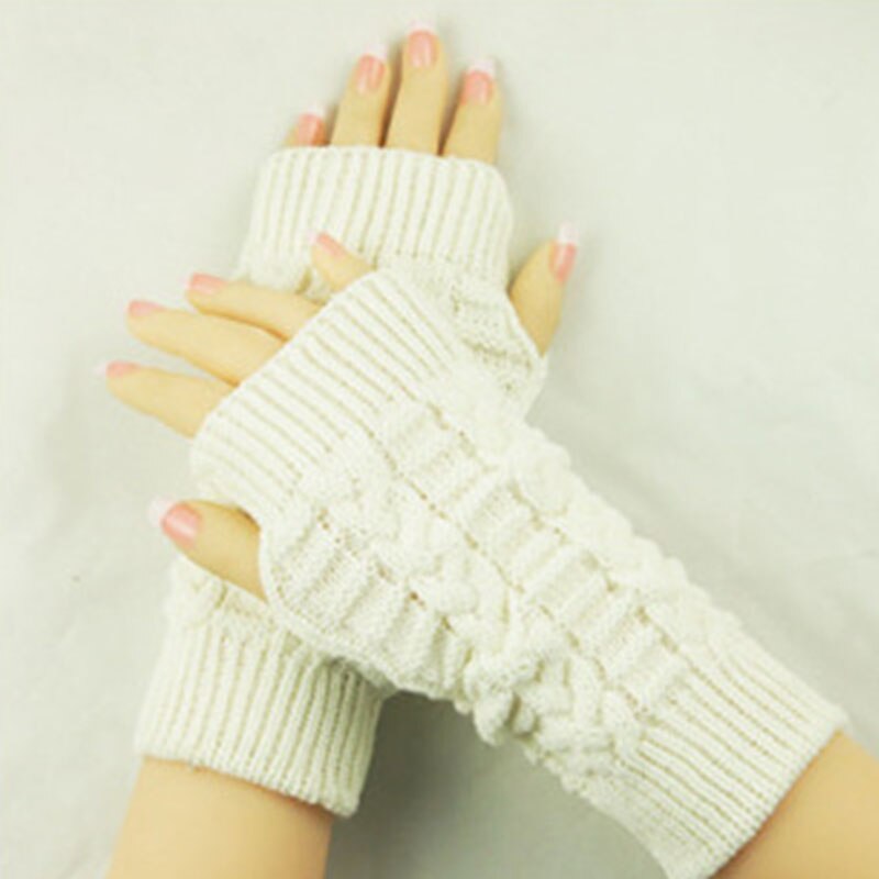 Winter Frauen Einfarbig Wolle Kabel Finger Handschuhe Dicke Warme Weiche Gestrickte Wolle Arm Daumen-See Finger Fäustlinge: Weiß