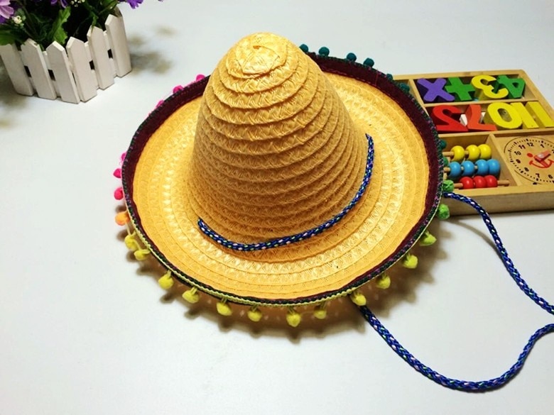 Mexican Sombrero For Children Kids Show Straw Hats Dance Props Pompom Party Hat 6Pcs/lot