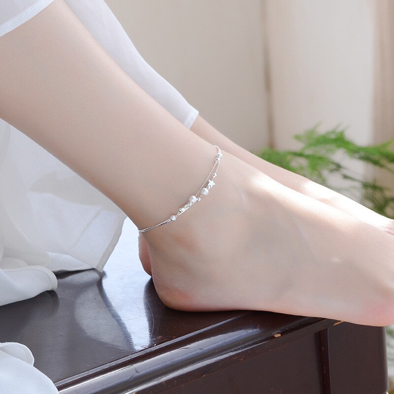 TJP Neue 925 Silber Fußkettchen Für Frauen Partei Schmuck Top Stern Bälle Mädchen Silber Armbänder Schmuck Dame Weibliche