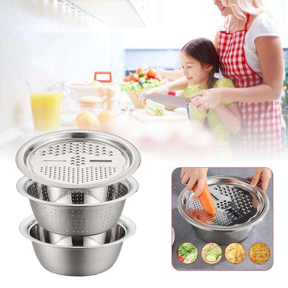 3pcs stainless steel pot vegetable cutter slicer drain basket sieve Kitchen Tool grater strainer Rice Washing Filter