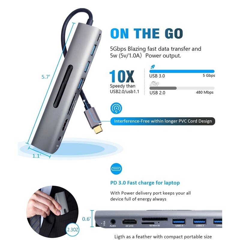 Adaptateur multiport usb c hub 9 in en 1 avec alimentation pd ,  , 4k sorties hdmi, , 3 ports usb 3.0 , lecteur de carte, vga, port o