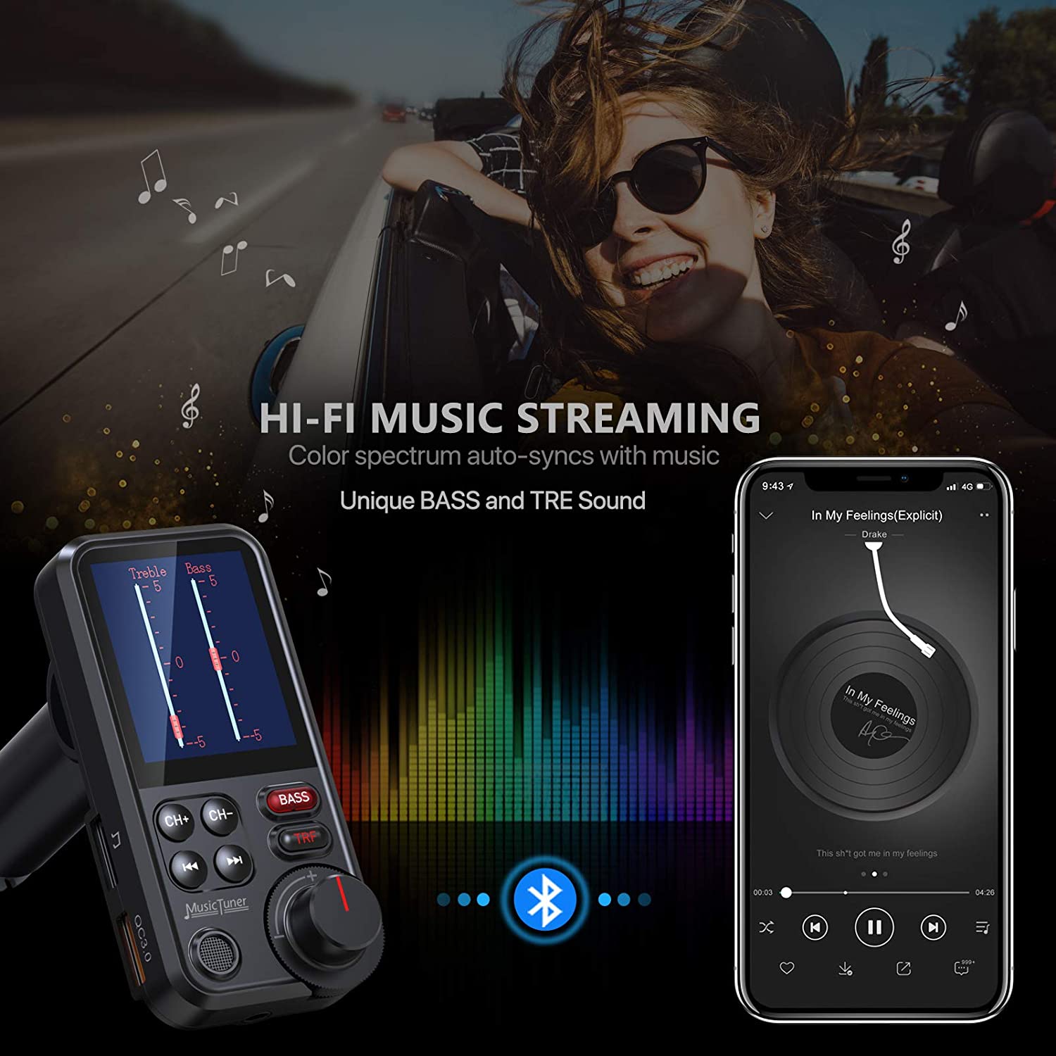 1.8&quot;Wireless Car Bluetooth FM Transmitter Aux Supports QC3.0 Charging Treble and Bass Sound Music Player