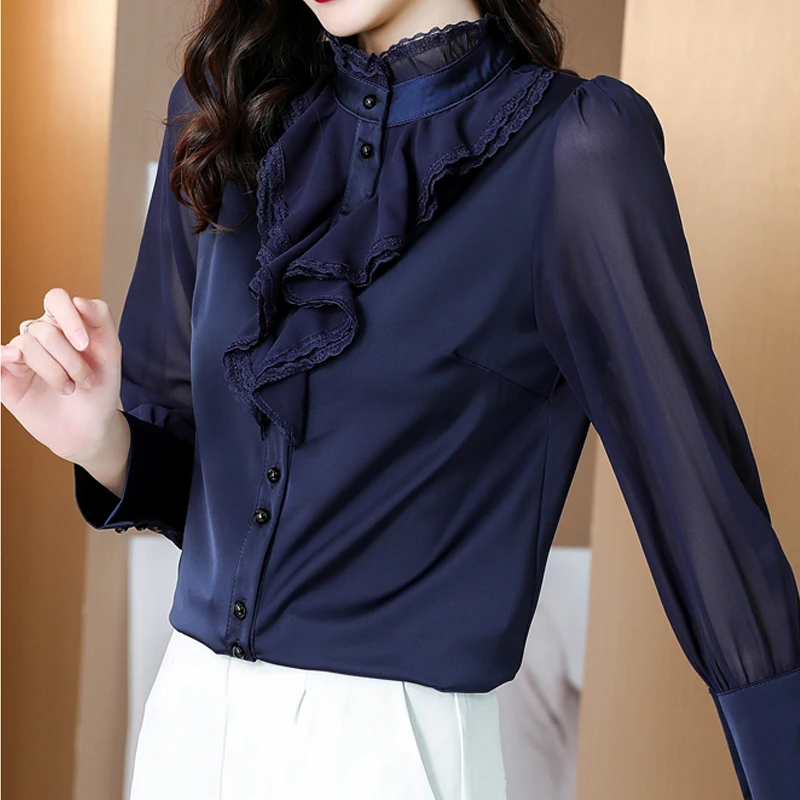Camisa de manga larga para mujer, Top de gasa de encaje, blusa azul oscuro con volantes para oficina