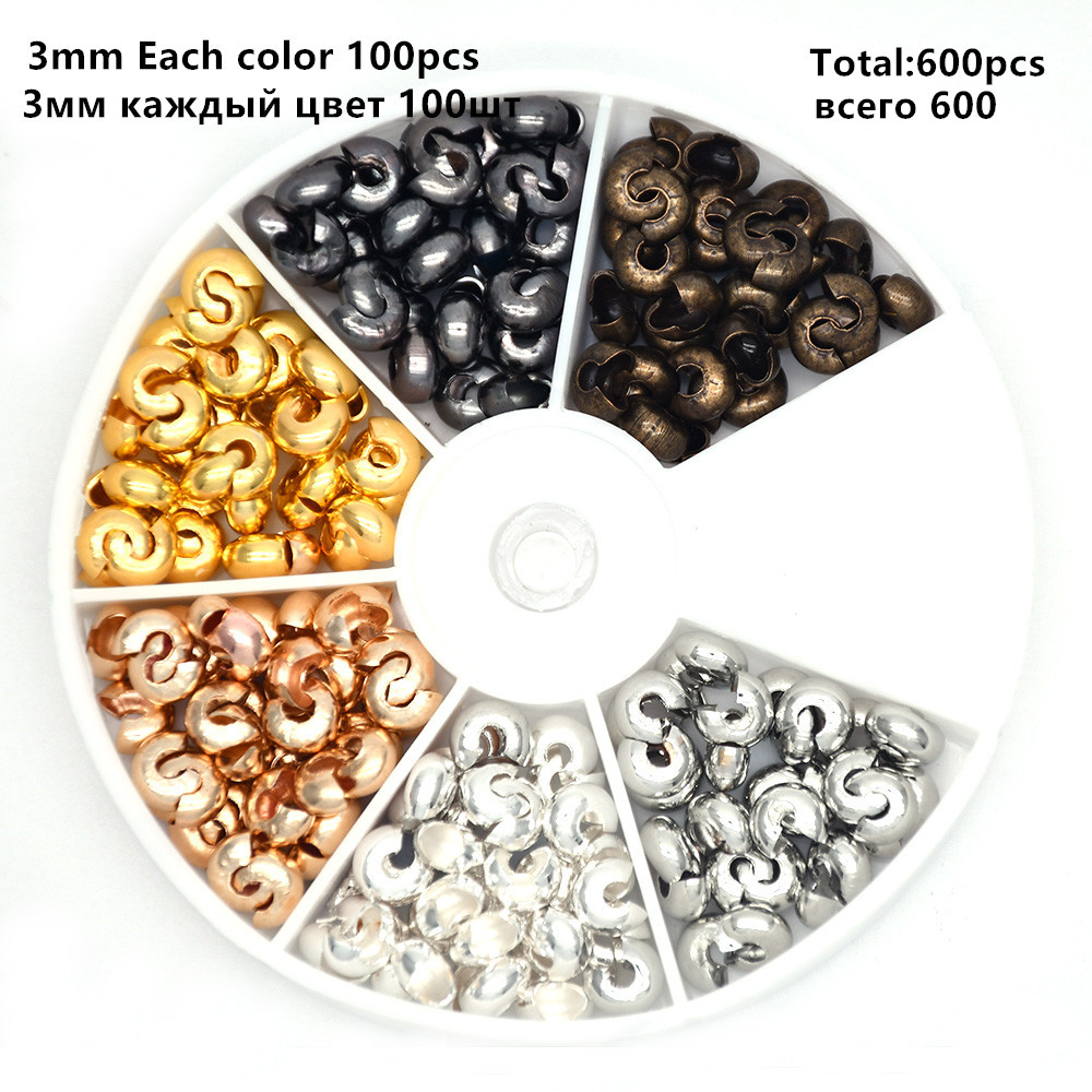 Capas para jóias 500 pçs/caixa 6 cores 3mm, metade aberta de contas de latão aberto contas de crimpagem tampas de nó pontas de extremidade para jóias fabricações: Crimp bead style 2