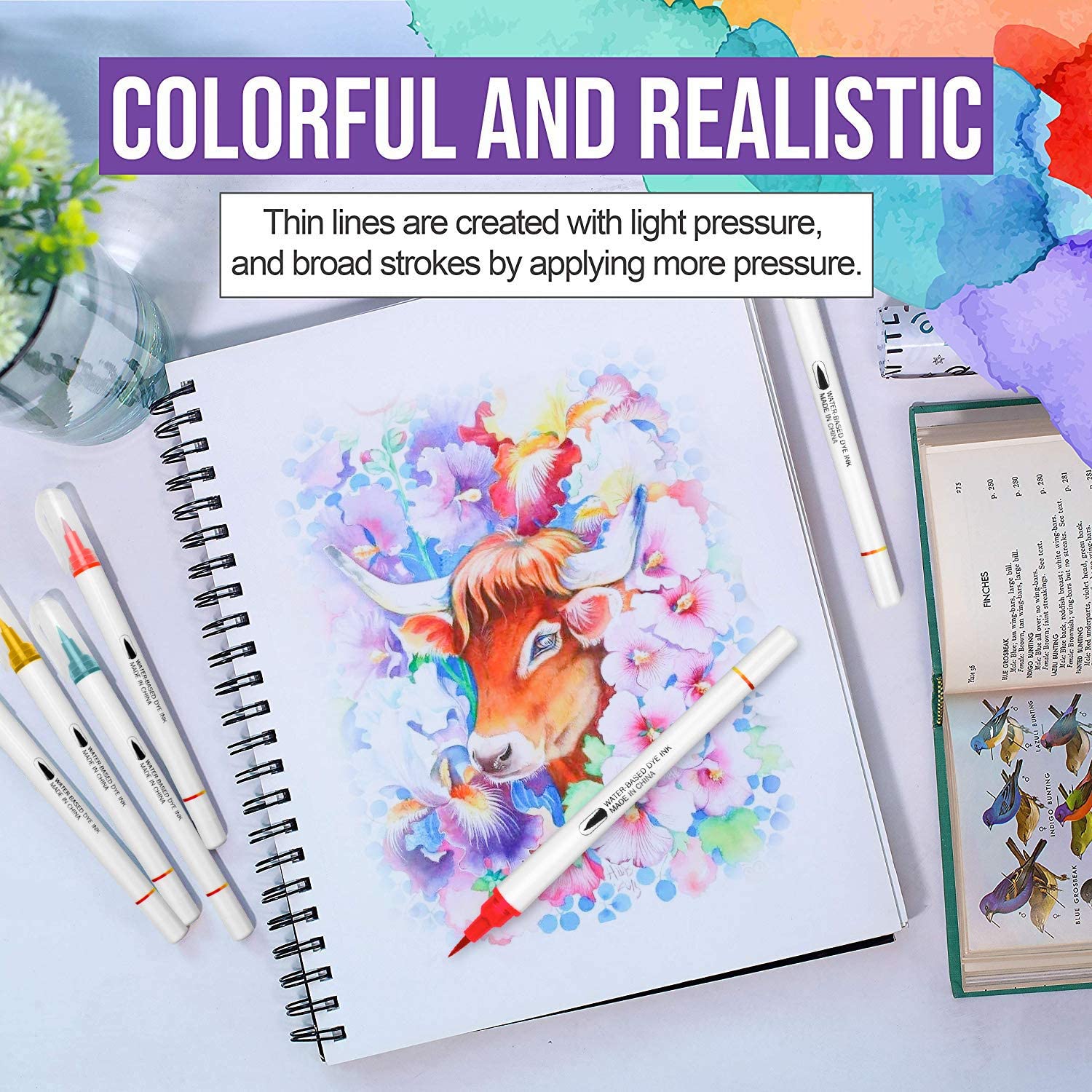 48 Colours Real Watercolour Brush Pens Set with 1 Water Brush Pen and 1 Watercolor Pad for Colouring Books, Calligraphy, Drawing