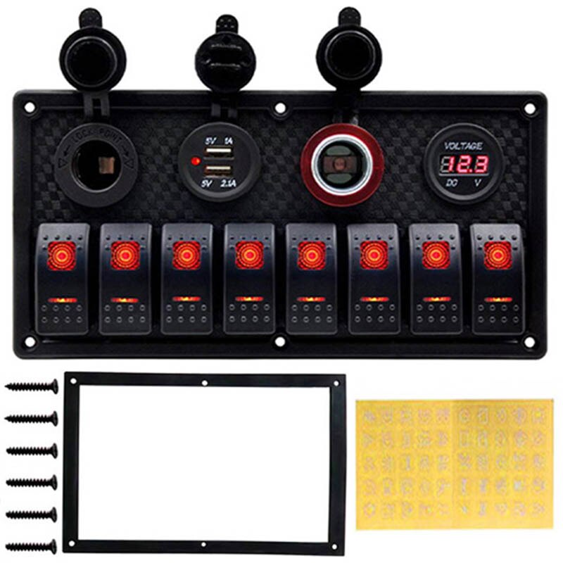 6/8 Gang interrupteur à bascule panneau pour voiture bateau RV Marine camion fusible panneaux étanche voltmètre numérique double USB chargeur Ports DC 12V: Red 8 Gang Switch