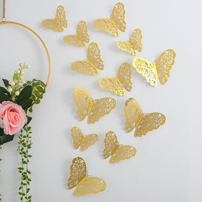 Autocollants muraux papillons en cristal effet 3D, 12 pièces/lot, beaux autocollants muraux pour chambre d'enfants, décoration de la maison: Gold 4