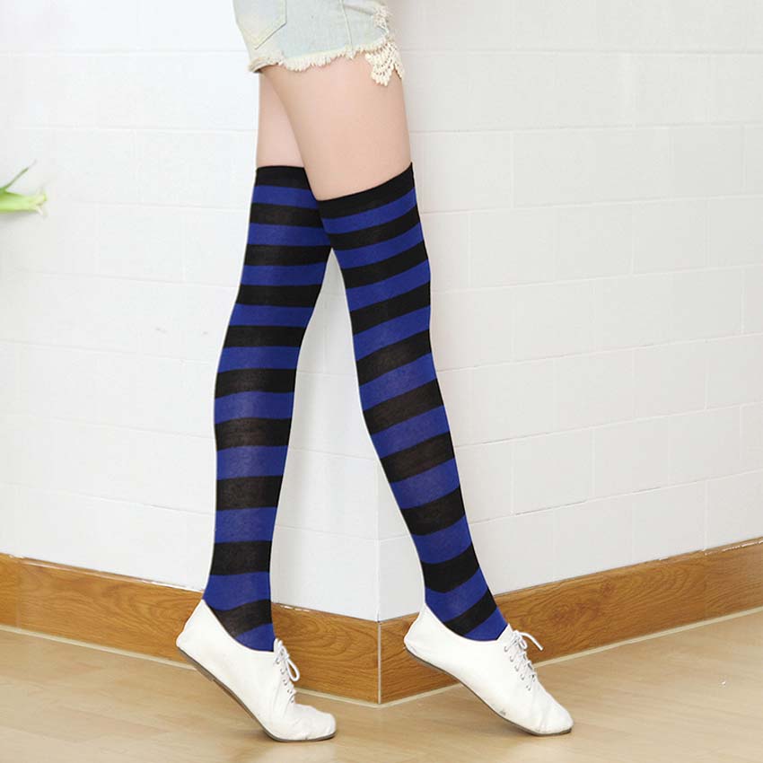Hoge Kid Meisjes Vrouwen Dij Hoge OVERKNEE Kousen Lange Katoen Polyester Kousen Meisjes Panty Gestreepte Kousen Katoenen Doek: Black Blue Striped