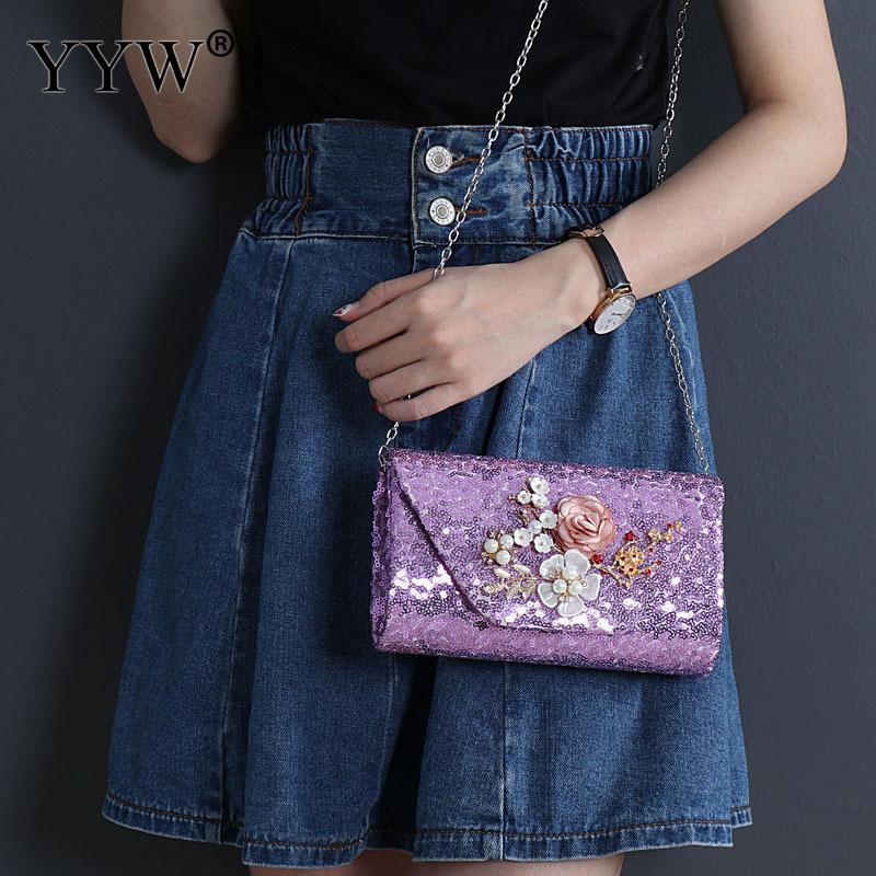 Purple Clutches Bag Bead Flower Bolsa Feminina Women Evening Prom Night Party Purse Female Crossbody Bag Lady Purse