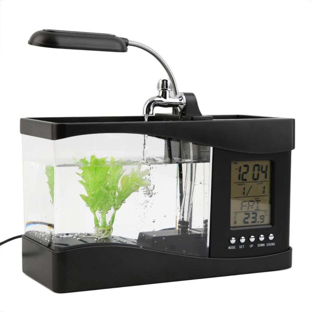 Populaire USB Desktop Mini Aquarium Aquarium LCD Timer Klok LED Lamp Light Black
