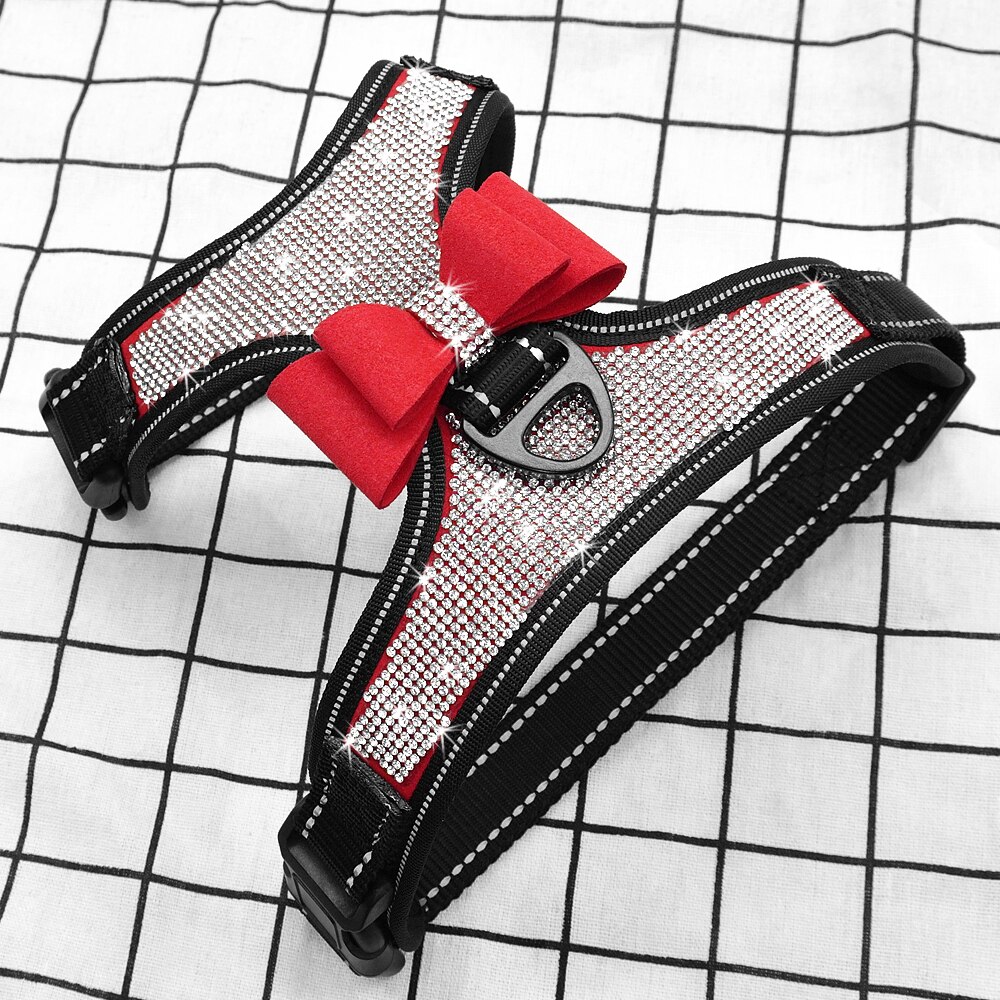 Rhinestone sele för små hundar reflekterande hund sele med söt bowknot mesh valp kattväst justerbar för fransk bulldog: Röd / S