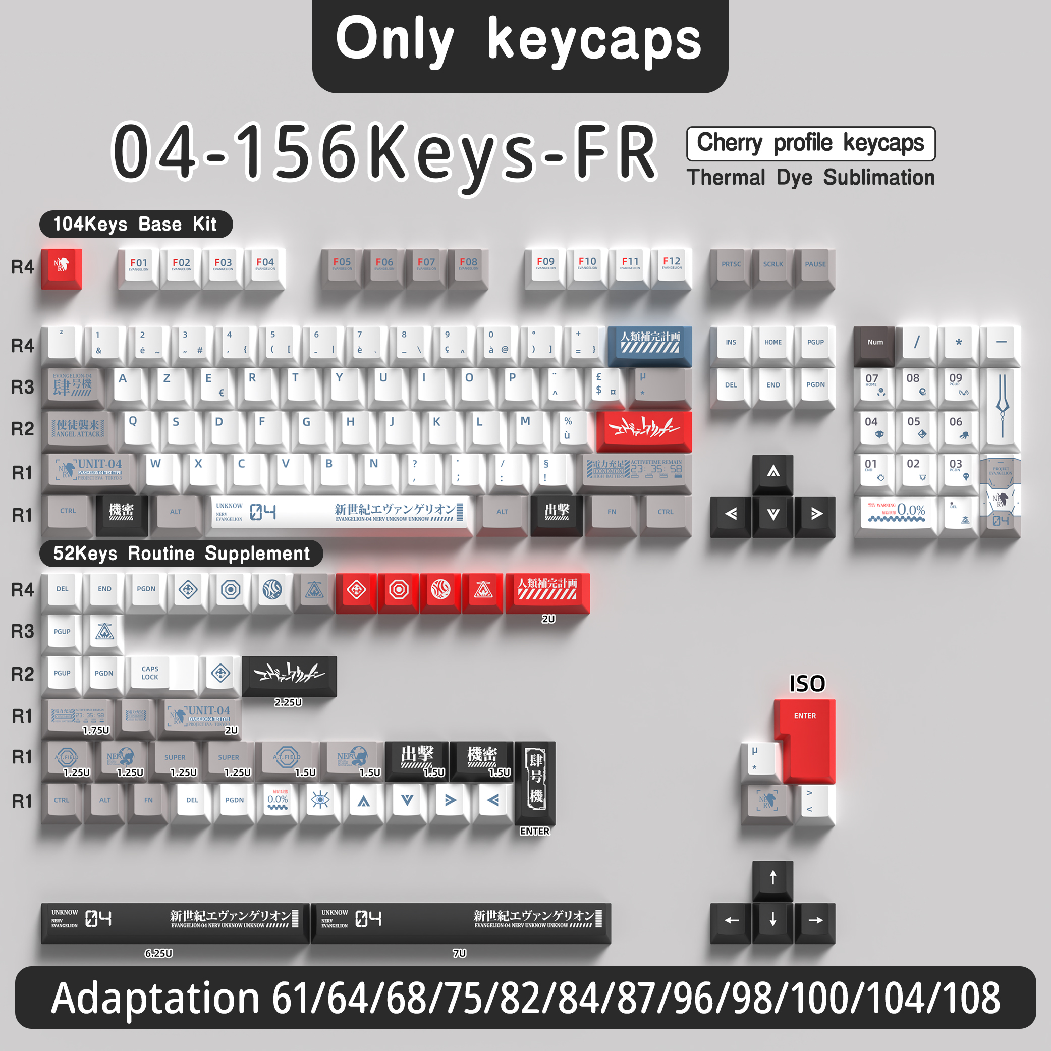 Französische Tastenkappe 136–156 Tasten BPT Kirsche Profil FR Tastenkappen für französische Tastatur MX mechanische Tastatur 7U Platz Schlüssel Hallo75: Silber