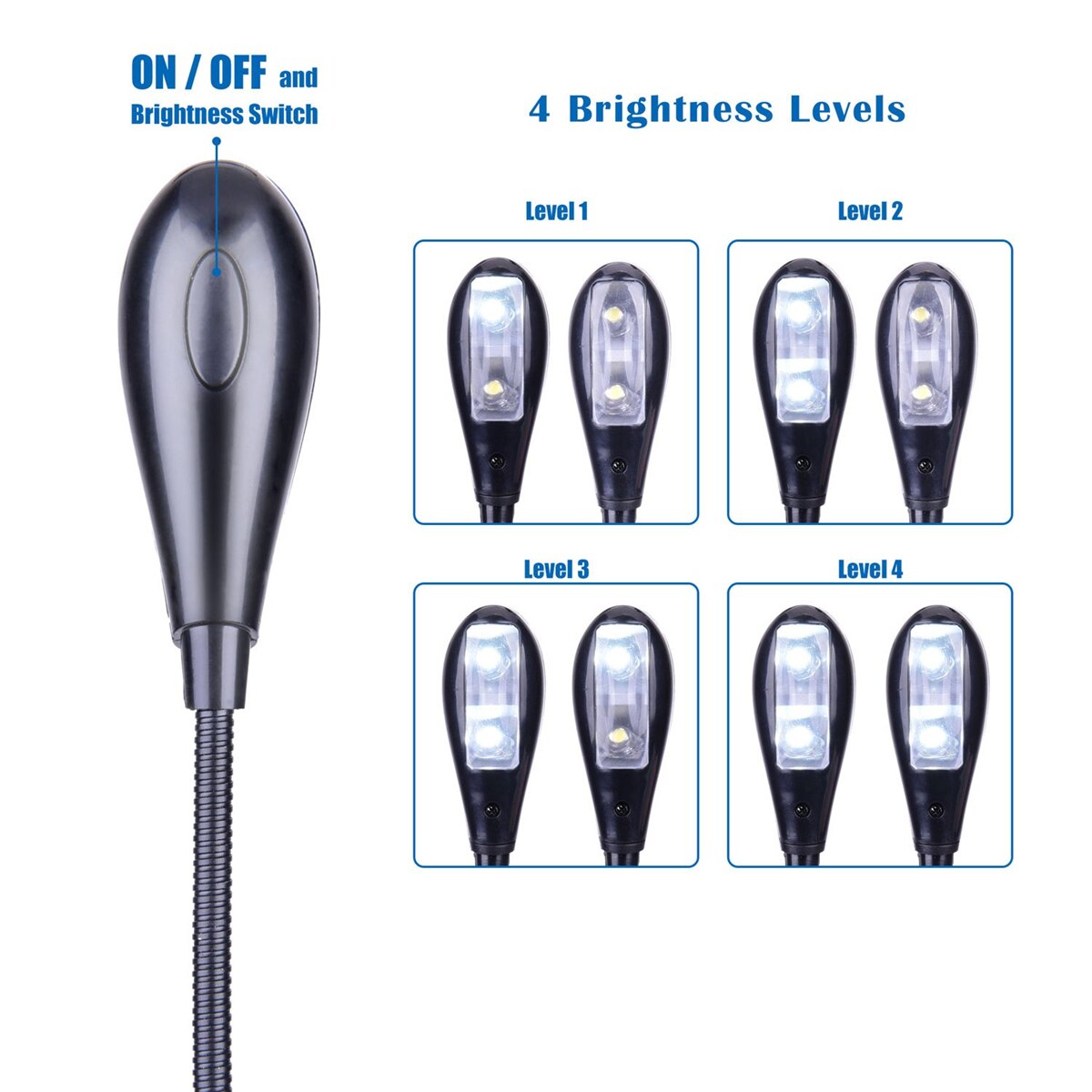 Notenständerleuchte, aufsteckbare LED-Buchleuchten, USB- und AAA-Batteriebetrieb, Leselampe Ich bin Bett, 4 Helligkeitsstufen, Ideal für Bo