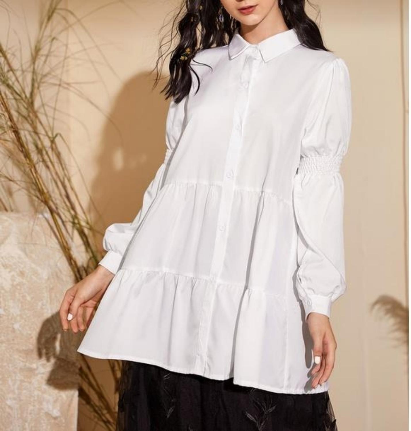 Vestido corto informal de manga larga para otoño, minivestido blanco con volantes para mujer, botones, cuello vuelto: White1 / S