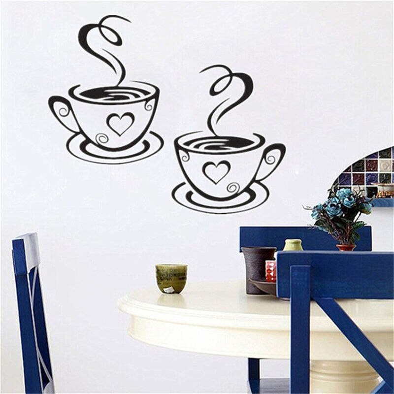 Svarta kaffekoppar väggkonst klistermärken pvc kaffe klistermärke dekal dekoration för kök café restaurang diy