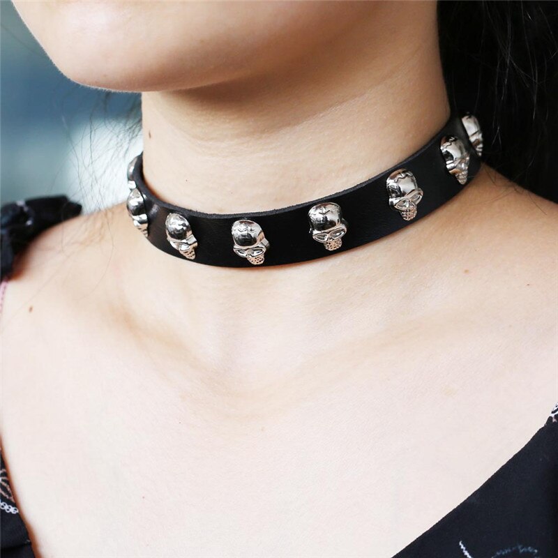 Trendy Punk Rock Silver Color Alloy Skull Leather Choker Necklace For Women Men Collar Jewelry